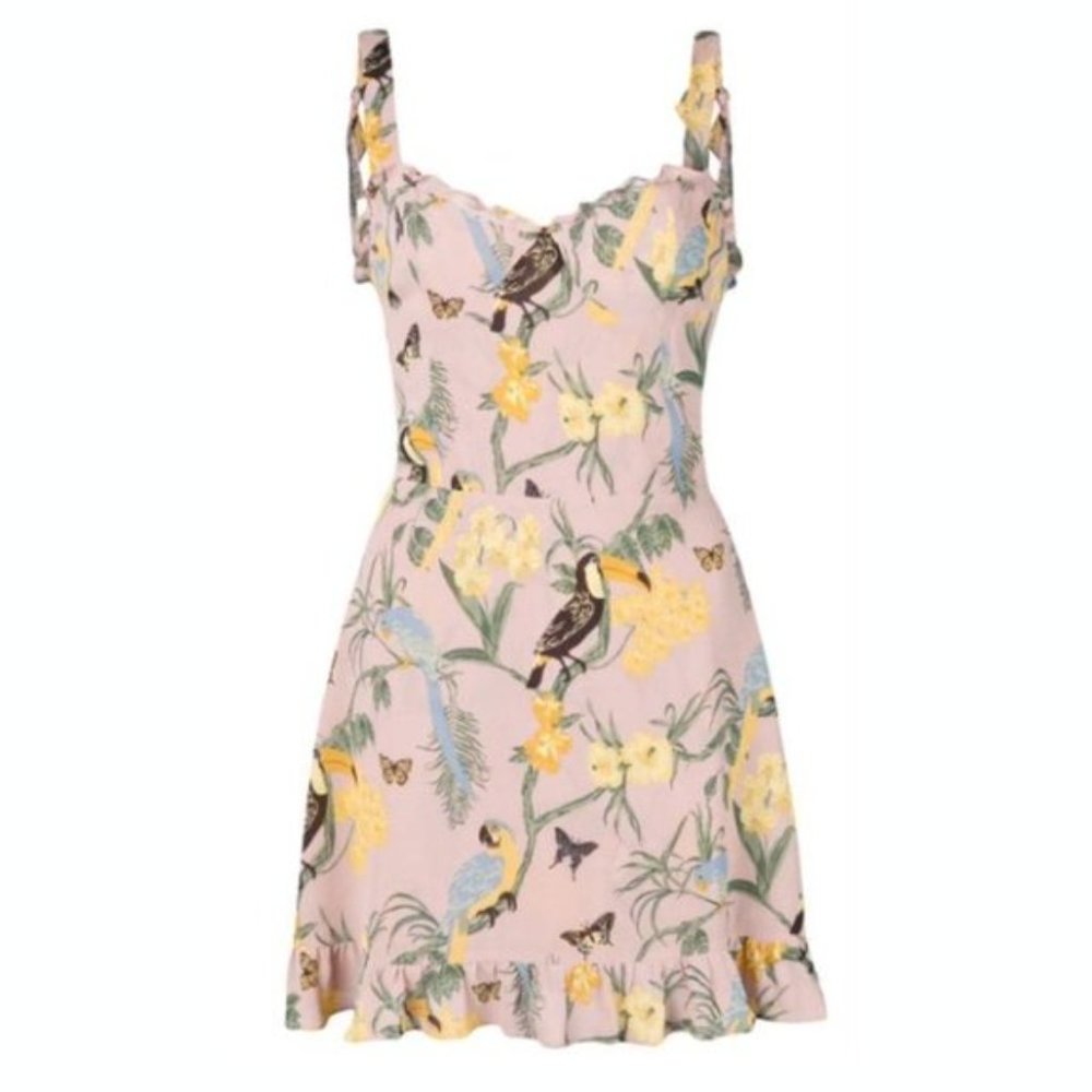 Reformation Christine Conga Mini Dress in “Birds” US 4 fit size US 2